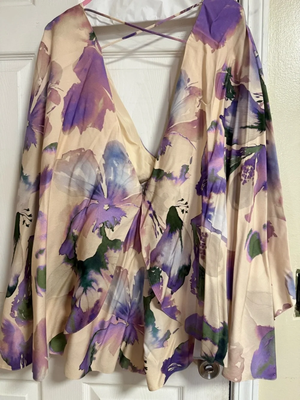 ASOS Cream Floral Watercolor Wrap Romper with Purple & Green Accents - Picture 2 of 2